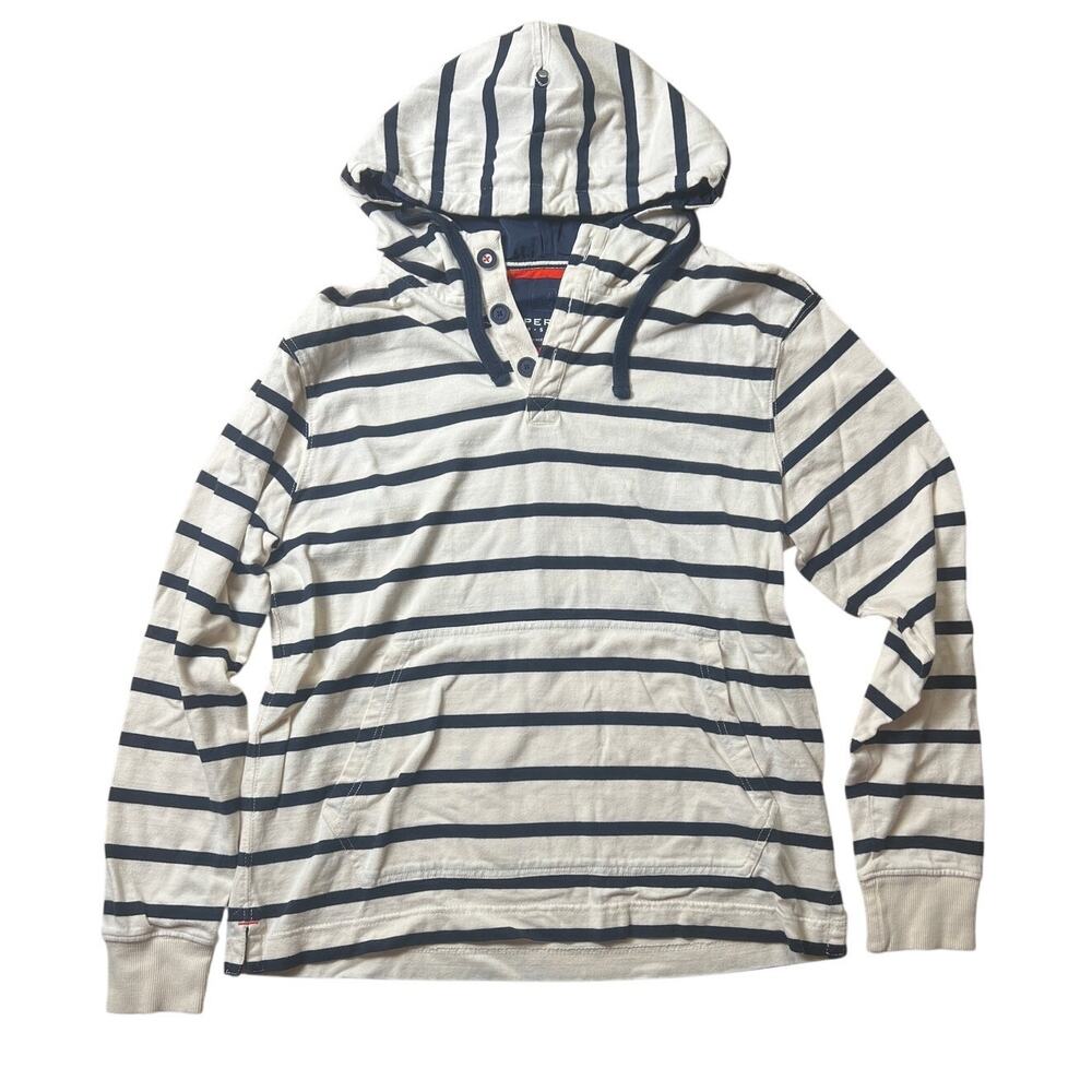Sperry Top-Sider full Zip Hoodie White/Navy Blue Striped Sweatshirt Mens Large